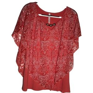 NWOT- NY Collection Woman Coral V-neck poncho w/ attached jewels &under layer 1X